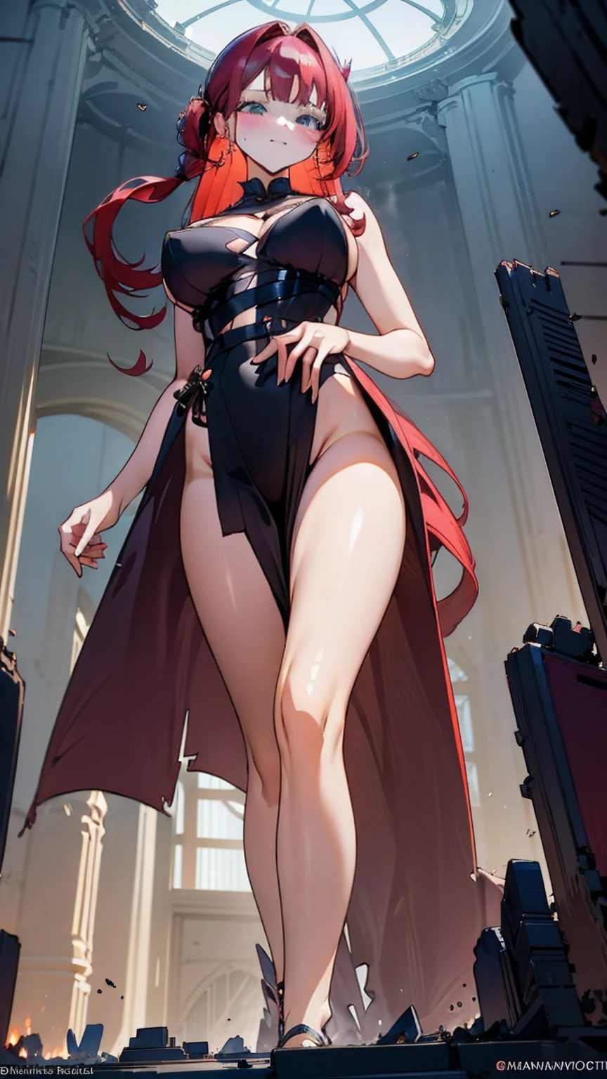 A seductive giantess in a flowing red gown, with long auburn hair and mesmerizing blue eyes, stands amidst the ruins of a grand ballroom. Her legs crush the elegant floor beneath her, her fingers idly toying with tiny guests. She gazes down with a sultry smile, her voice a sensual whisper filled with teasing mockery. Her body radiates an aura of raw sexual power and dominance, her gaze filled with amused disdain. Giantess, Goddess, sexy legs, gown, hot, curvy body, mommy issues, tiny people, macrophilia, perspective from below, high quality, almost naked, mature woman, ballroom, erotic.

