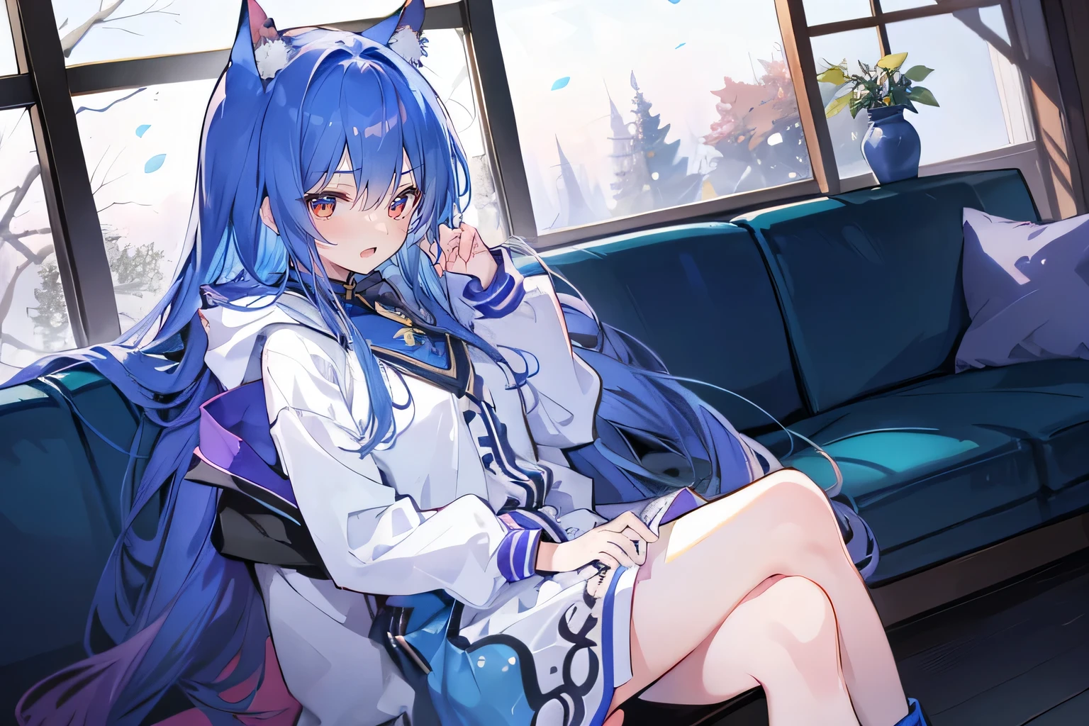(masterpiece:1.2),Super detailed,lifelike,Expressive eyes,fair skin,perfect face shape,1 girl,
Japanese comics,Gorgeous blue hair,flowing blue hair,flowing clothes,Cat ears,Petals fall,beautiful lola,Baby Angel,
Shaking head with one hand,Cross your legs,Gentle and peaceful background,The pavilion is cool and comfortable,smile, wearing hoodie, In front of the window,snowing