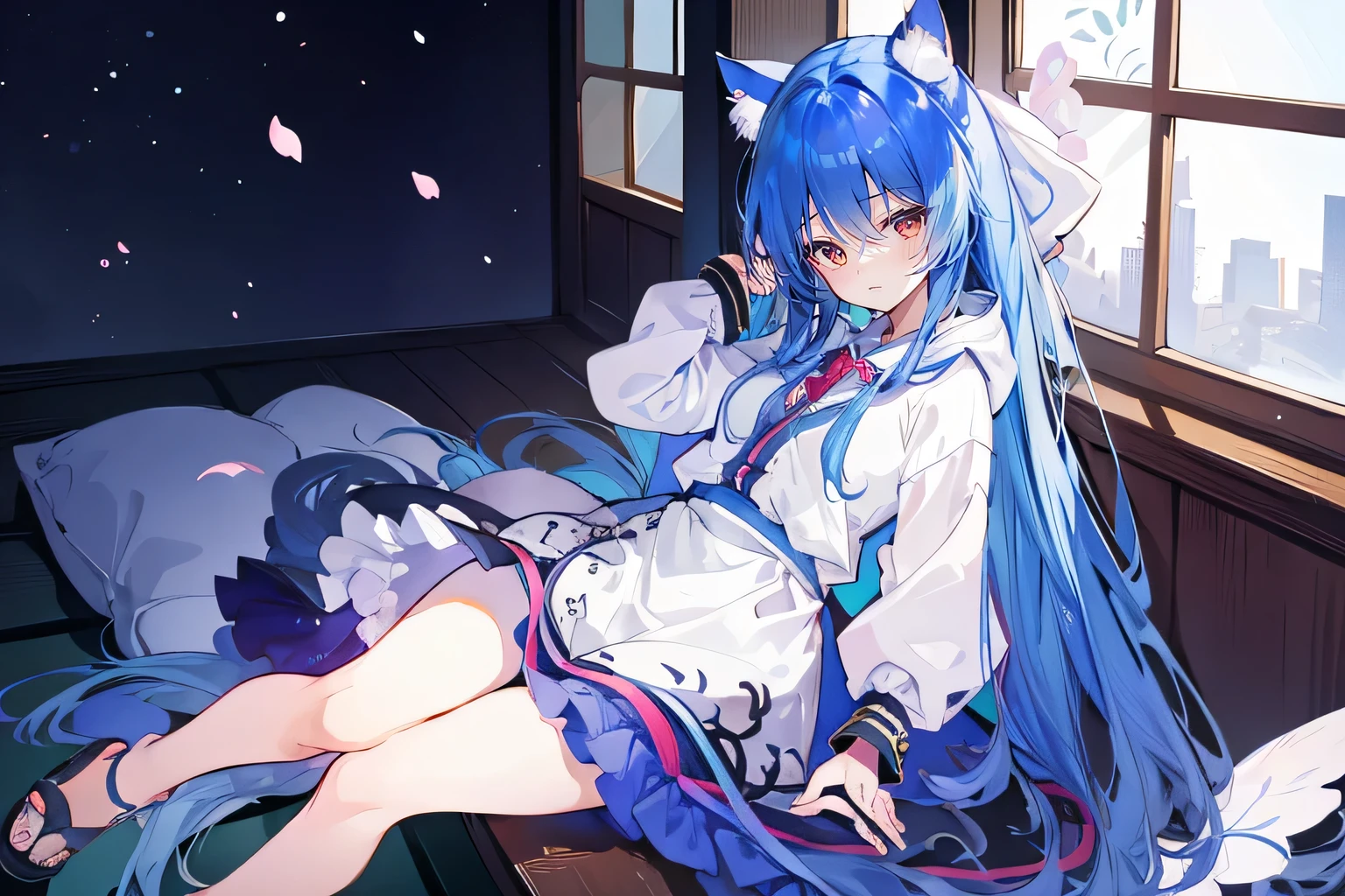 (masterpiece:1.2),Super detailed,lifelike,Expressive eyes,fair skin,perfect face shape,1 girl,
Japanese comics,Gorgeous blue hair,flowing blue hair,flowing clothes,Cat ears,Petals fall,beautiful lola,Baby Angel,
Shaking head with one hand,Cross your legs,Gentle and peaceful background,The pavilion is cool and comfortable,smile, wearing hoodie, In front of the window,snowing