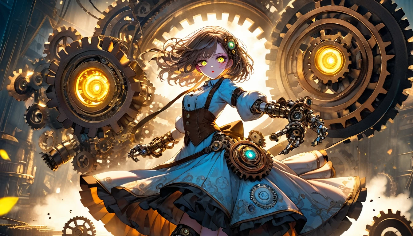 a broken mechanical doll dancing, anime, 1girl, detailed face, detailed eyes, detailed lips, extremely detailed, intricate machinery, glowing eyes, mechanical limbs, complex gears and mechanisms, steam punk, vibrant colors, dynamic pose, dramatic lighting, cinematic composition, high quality, shooting from afar