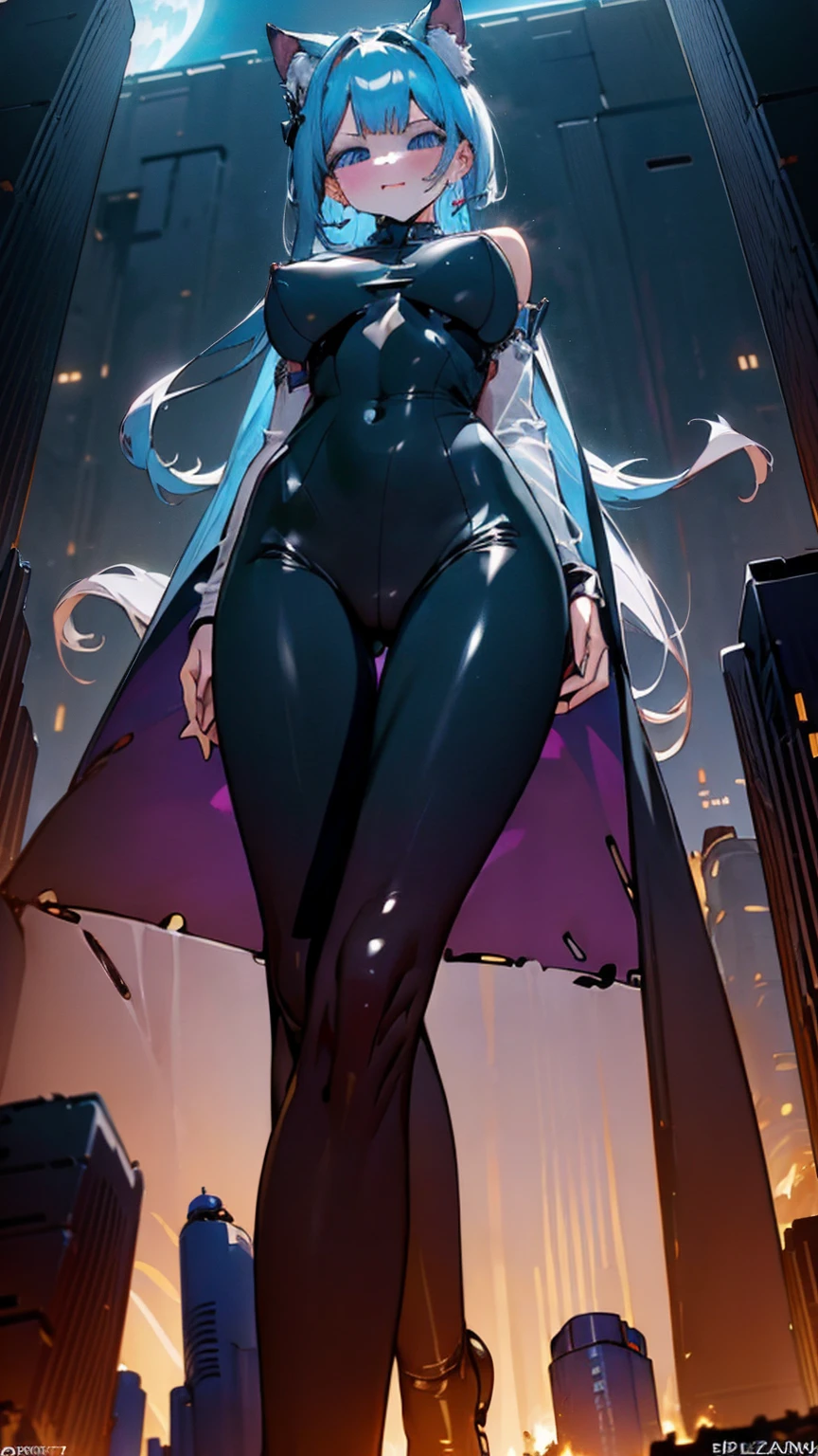 A seductive giantess in a tight silver catsuit, with long silver hair and glowing blue eyes, lounges sensually in a glowing city at night. Her massive body crushes advanced technology and sleek buildings beneath her, her legs spread wide as she gazes down at the tiny humans with a look of amusement. Tiny people scramble around her, their tiny cries barely reaching her ears. Her voice is a sultry purr, filled with teasing mockery, as she picks them up and teases them against her curves. Giantess, Goddess, sexy legs, catsuit, hot, curvy body, mommy issues, tiny people, macrophilia, perspective from below, high quality, almost naked, mature woman, night, erotic.

