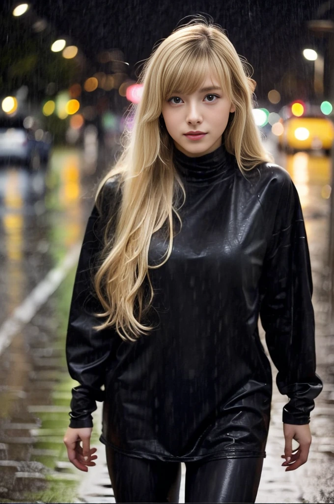 24year old beautiful girl、Half-Japanese beauty、Highest image quality、realistic、16K、beautiful woman、long hair、blondes、blondes、With bangs、Pretty slim、heavy rain、While walking through the Beach in the rain、wet from heavy rain、In the middle of Shibuya、Larger breasts、The blackＴshirt、leggings、Wet in the rain、Heavy Rain、My hair got wet in the heavy rain、In heavy rain、Shooting from a distance