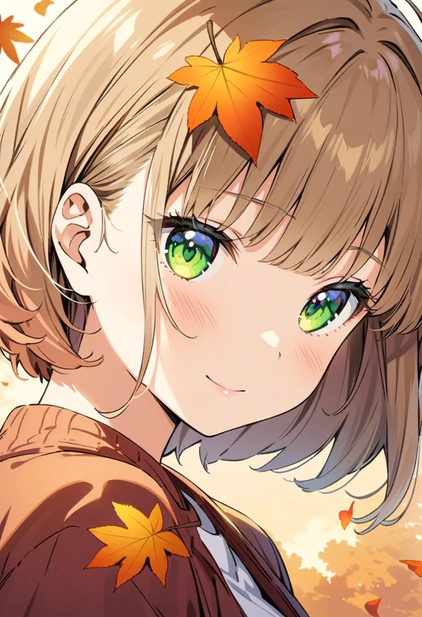 (best quality:0.8), (8K quality), (no imperfections), (ultra detailed), perfect anime illustration, a pretty, happy woman with long wavy light brown hair and bangs, wearing a short dress, extreme closeup, only face, green eyes, profile picture, simple, minecraft aesthetic, warm autumn colors, aesthetically pleasing, aesthetic, beautiful girl, cute, blush, perfect eyes, perfect irises,
