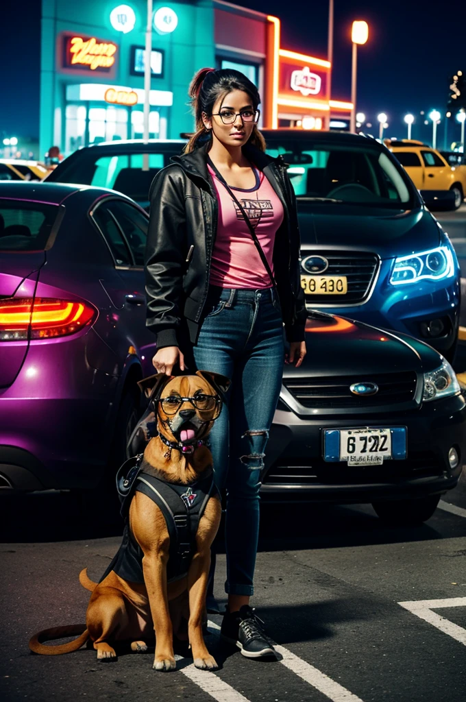 A woman with glasses wearing a costume with a backpack, with a puppy, hiding behind a car in a parking lot, with a neonpunk background, full body view, dynamic pose,