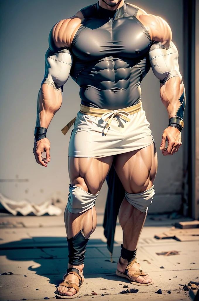 Muscular male hero, heroic male posture, tall and burly, muscular! Charming sexy developed leg muscles, tall and stocky, beige white transparent clothes, super and cool gains, high resolution committee, beige white sports shoes, attractive strong men,