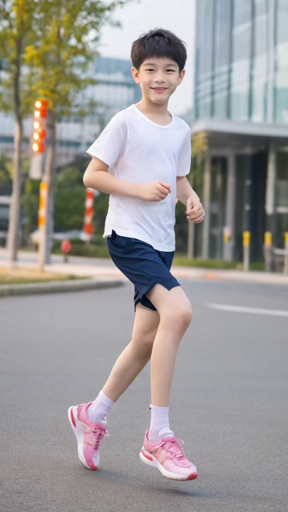 12-year-old boy,Smile,Spread your white and slender legs,jogging,full body,8K五官精致,Handsome boyish feeling,8K