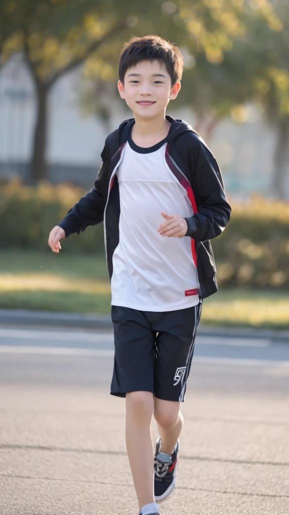 ,Smile,Spread your white and slender legs,jogging,full body,8K五官精致,Handsome boyish feeling,8K