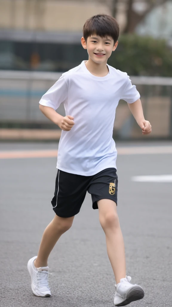 12-year-old boy,Smile，Spread your white and slender legs，jogging，full body，8K五官精致，Handsome boyish feeling，8K