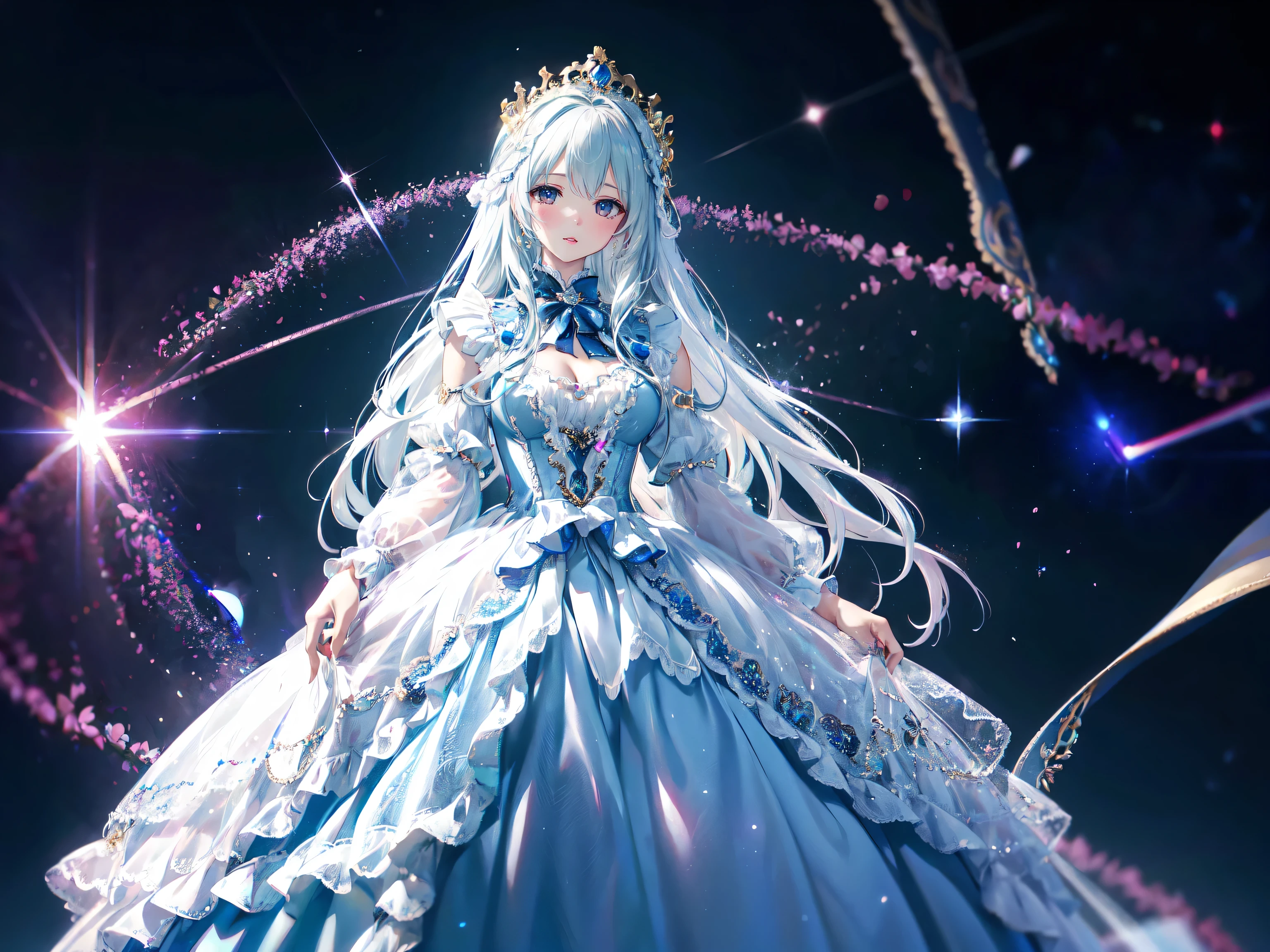 (anime moe art style:1.3), (Masterpiece, ultra detailed, top quality, ultra high res, Spectacular Quality, Distinguished Quality, unity 16k, 32k, ultra photo realistic:1.5), (((dress transparent dress))), (((Unsurpassed gorgeous rococo victorian gown with voluminous hoopskirt and long hems, princess style skirt))), ((((gown ultra elaborate gown))), (gown brilliances dazzlingly glitter reflective prismatic transparency gown), (((Expressive hair, very voluminous and very long hair))), bangs, super delicate and beautiful face, beautiful lips, (hyper detail delicate beautiful eyes blue eyes), (huge , breasts cleavage:1.5), beautiful smile, (((young face, solo Captivating Adorable princess,  girl, cute girl, very cute teenl))), (face focus, eye focus, realistic, blurry background), (Lens Flare, Glow, Light caustics effect), 