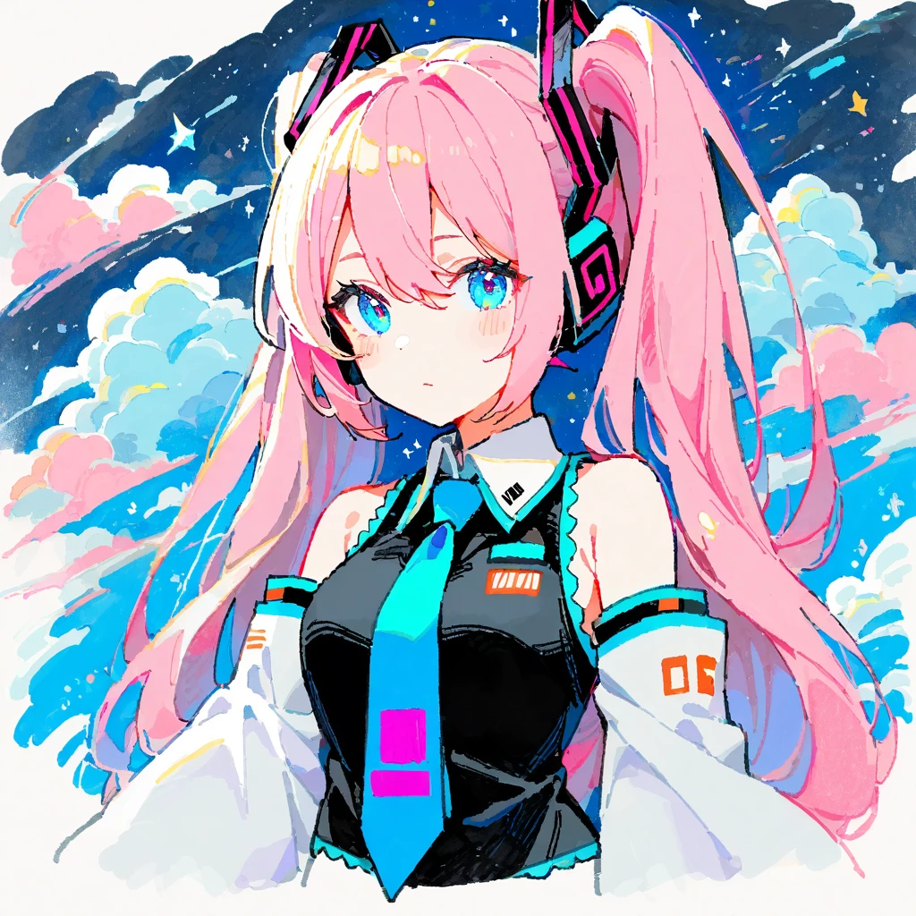 1girl, hatsune miku, great quality, normal quality, aesthetic, rating:general, alternate hair color, pink hair, blue eyes, upper body, traditional media, graphite (medium), {hatching (texture)}, {oekaki}, tegaki, cropped torso, blue necktie, sleeveless shirt, detached sleeves,