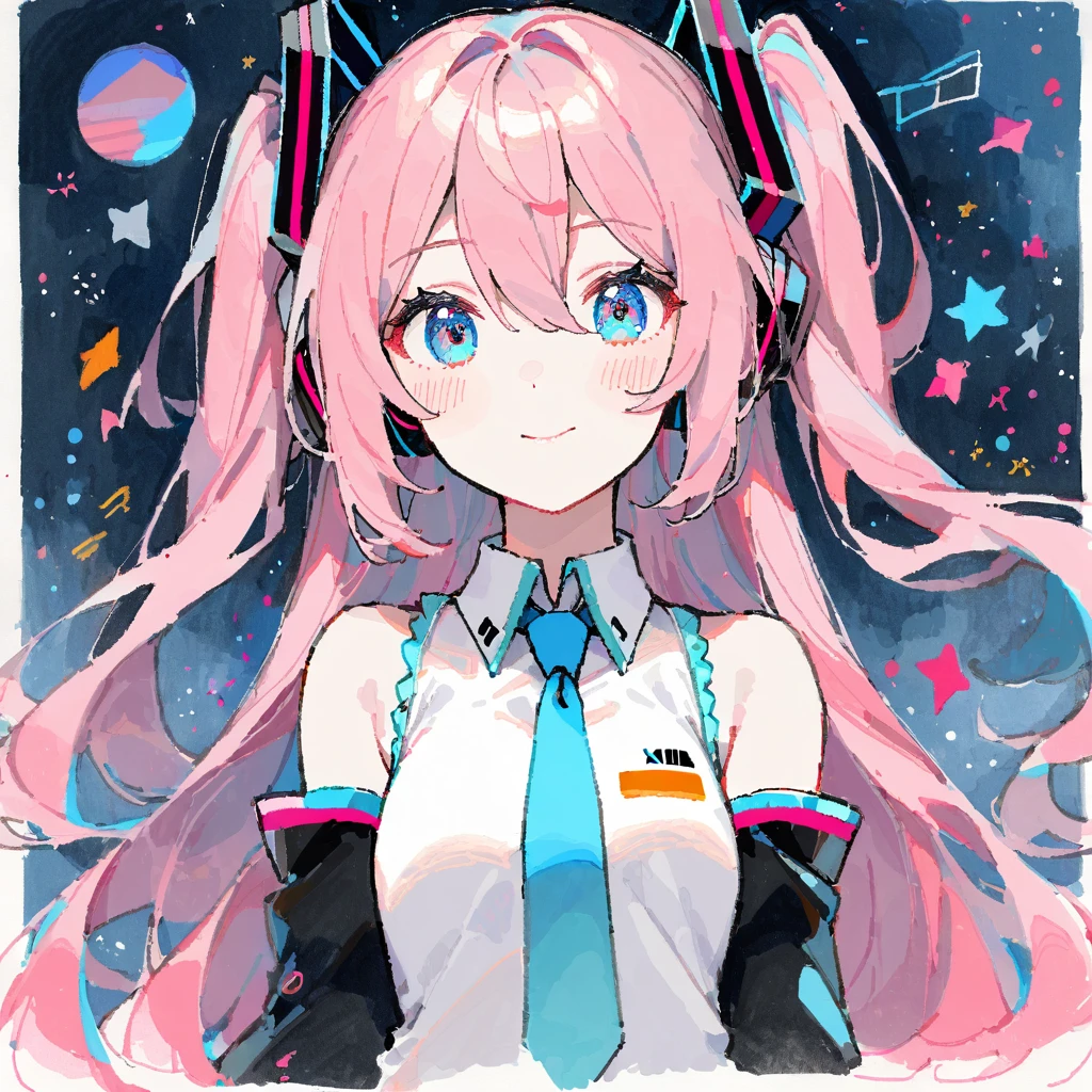 1girl, hatsune miku, great quality, normal quality, aesthetic, rating:general, alternate hair color, pink hair, blue eyes, upper body, traditional media, graphite (medium), {hatching (texture)}, {oekaki}, tegaki, cropped torso, blue necktie, sleeveless shirt, detached sleeves,