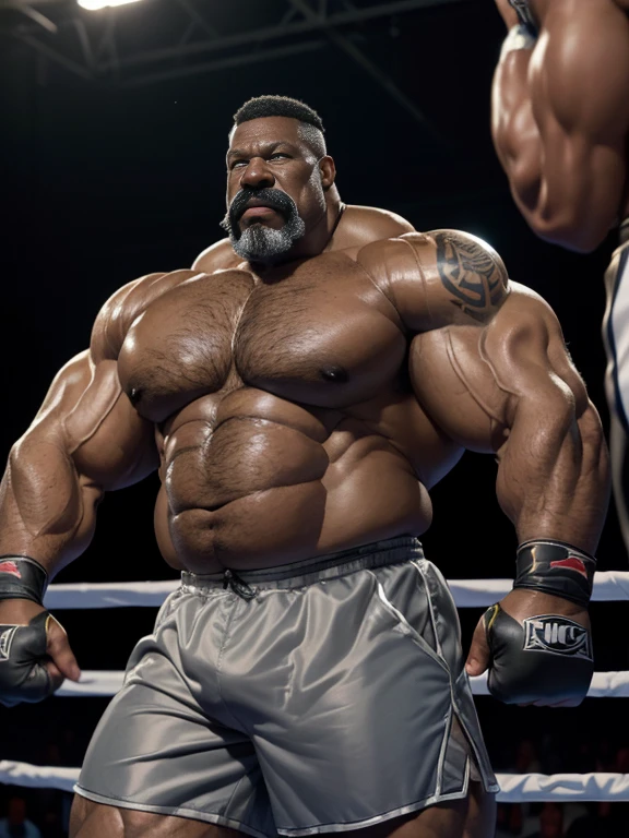 Hyperrealistic image of extremely sweaty extremely old gray haired African American boxer superhero, more than 80 years, very muscular and fat, more than 200 kilos, with a bare torso, large and flaccid pectorals, brown nipples and large gray mustaches with huge arms. tattooed in a boxing ring with satin shorts