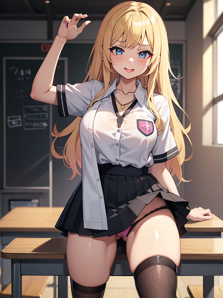 1 school girl, gyaru, blonde, a pink strand of hair, white skin, blue eyes, sticking out tongue, black knee socks, mini skirt, open legs, black lacy panties, nose piercing, make-up, golden necklace, classroom,
