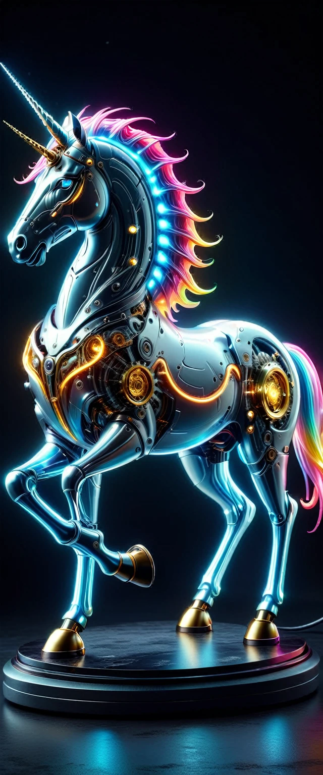 (Mechanical Unicorn:1.5)，Mythical creatures , (Mythical Machine), (Mechanobiology)，mystery的，phantom，transparent，Bioluminescence，Divine Light，fluorescence，charm，mystery，Bright colors，detailed explanation，Genuine，超级Genuine，A spectacular technological fantasy，epic surGenuineism，Spectacular future fantasy，Bright colors