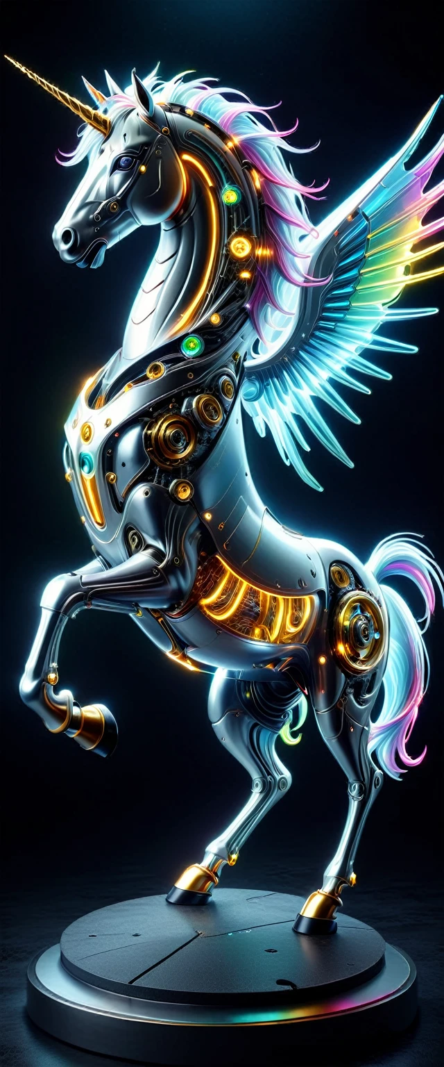 (Mechanical Unicorn:1.5)，Mythical creatures , (Mythical Machine), (Mechanobiology)，mystery的，phantom，transparent，Bioluminescence，Divine Light，fluorescence，charm，mystery，Bright colors，detailed explanation，Genuine，超级Genuine，A spectacular technological fantasy，epic surGenuineism，Spectacular future fantasy，Bright colors