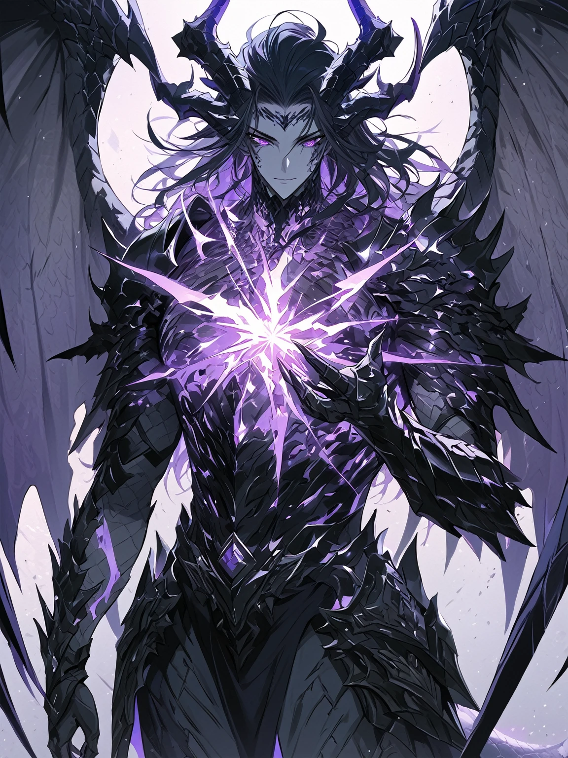 Masterpiece, Very detailed, ultra detailed, one, (1 man), man with a V-shaped body, Gray skin colour, dragon horns, two large dragon wings, full detailed dark obsidian armor with light purple details that seemed like a purple fire. Long black hair combed back, and reptile eyes that shine crimson-purple. In the style of manhwa "Omniscient Reader's Viewpoint"