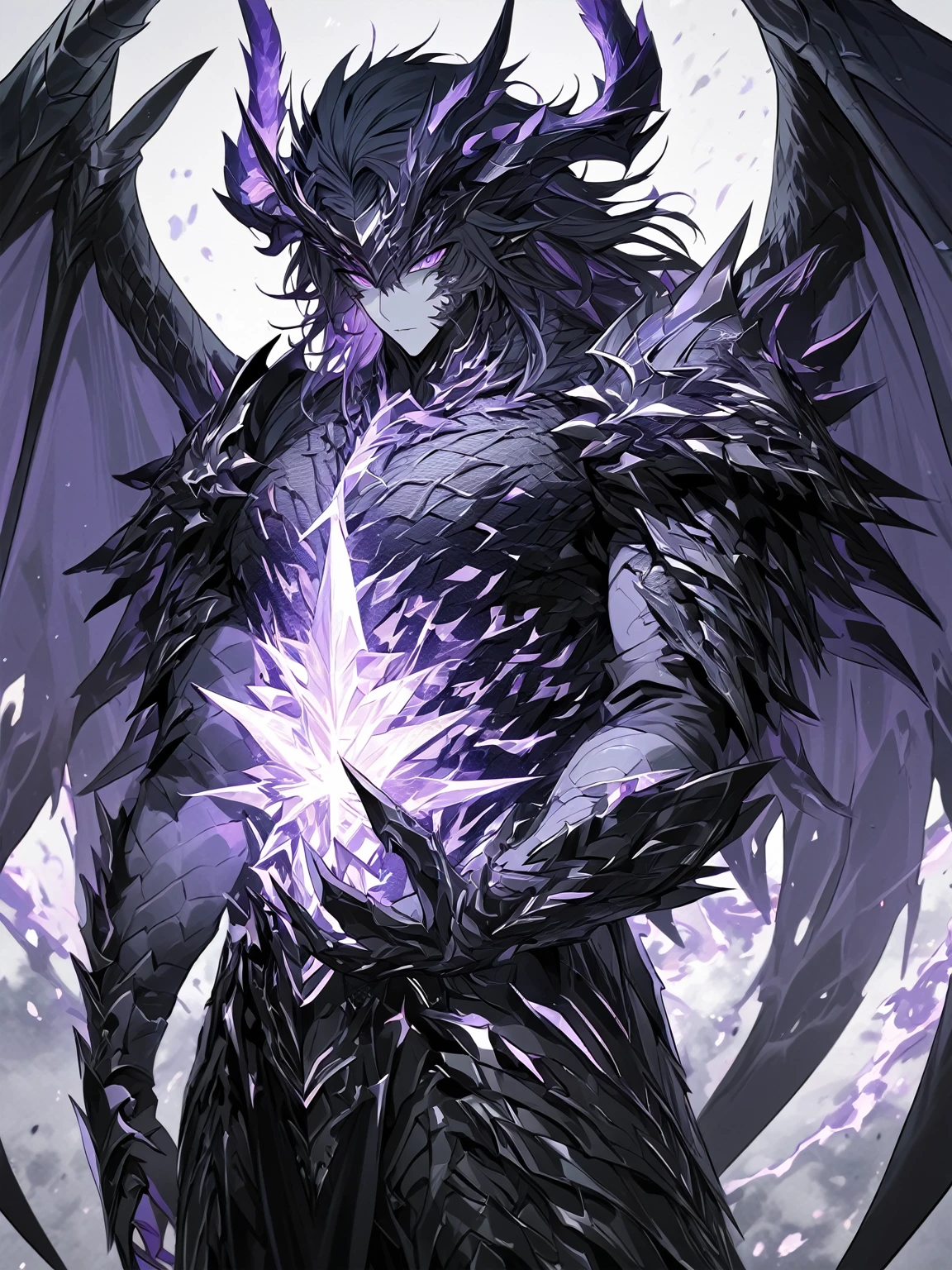 Masterpiece, Very detailed, ultra detailed, one, (1 man), man with a V-shaped body, Gray skin colour, dragon horns, two large dragon wings, full detailed dark obsidian armor with light purple details that seemed like a purple fire. Long black hair combed back, and reptile eyes that shine crimson-purple. In the style of manhwa "Omniscient Reader's Viewpoint"