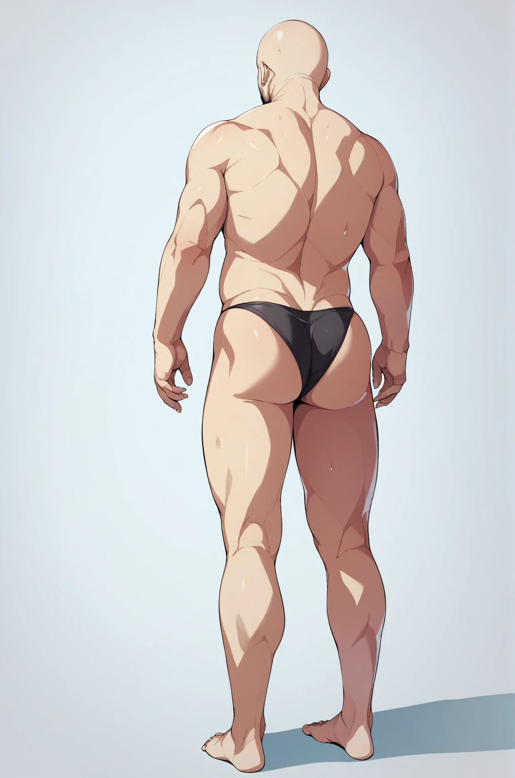Diagonal angle from behind、One bald man、solo、Ultra-detailed illustrations、Ultra-precise expression、masterpiece、Highest quality、ultra High resolution、High resolution、Hiromitsu Takeda Style、White background、Simple Background、whole body、barefoot、Standing posture、Back view、Black panties、Completely naked、Spread your legs、