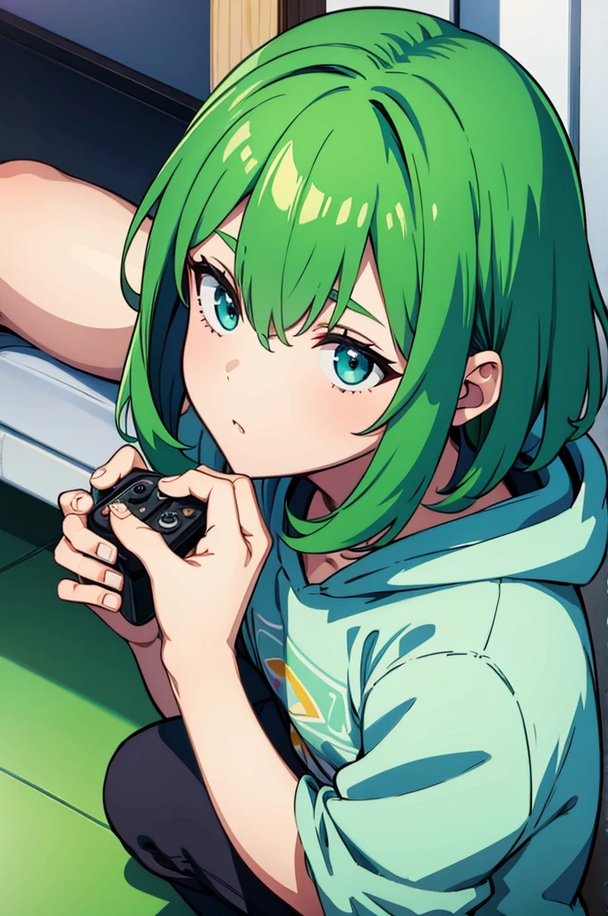 boy green hair gamming bg white