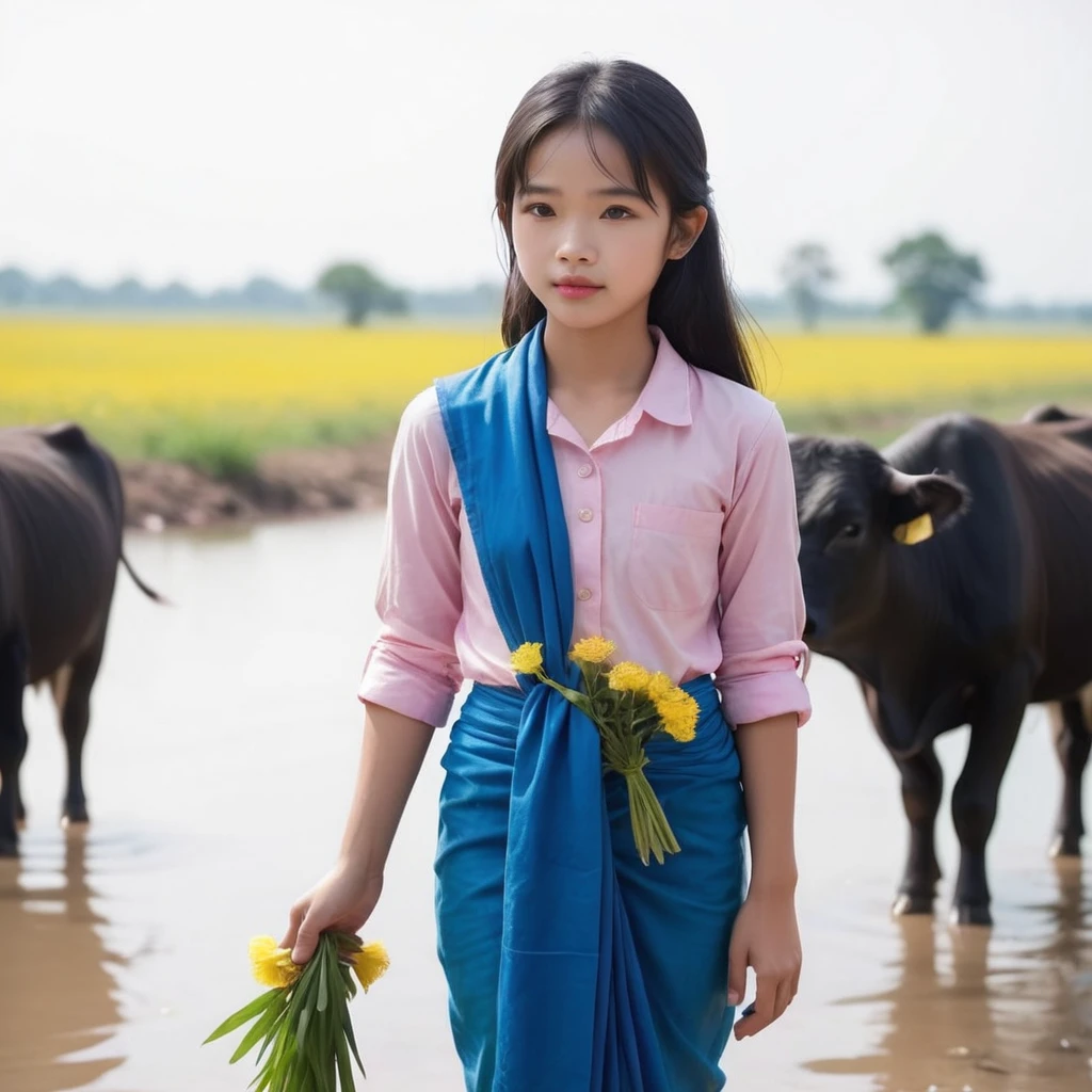 Sent by you:
Khmer Rural beautiful woman, 25 year old, charming face, long black hair, wearing a blue sarong adorned with yellow flowers Khmer style, wearing a pink long-sleeved shirt Khmer style, holding a whip, herding ten cows and buffaloes, wearing a scarf, white skin  , Field, stream, eight-year-old boy bathing in stream, bird, sun, realistic 8k