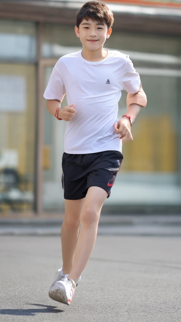 Full body shot, 1 Korean young boy s old, cute boy, , sharp eyes high nose comma hair white skin, slim skinny fat body,shirtless ,nude,wearing transparent brown underwear ,running in Tokyo ,multiple people in city sunshine blue sky white clouds ,