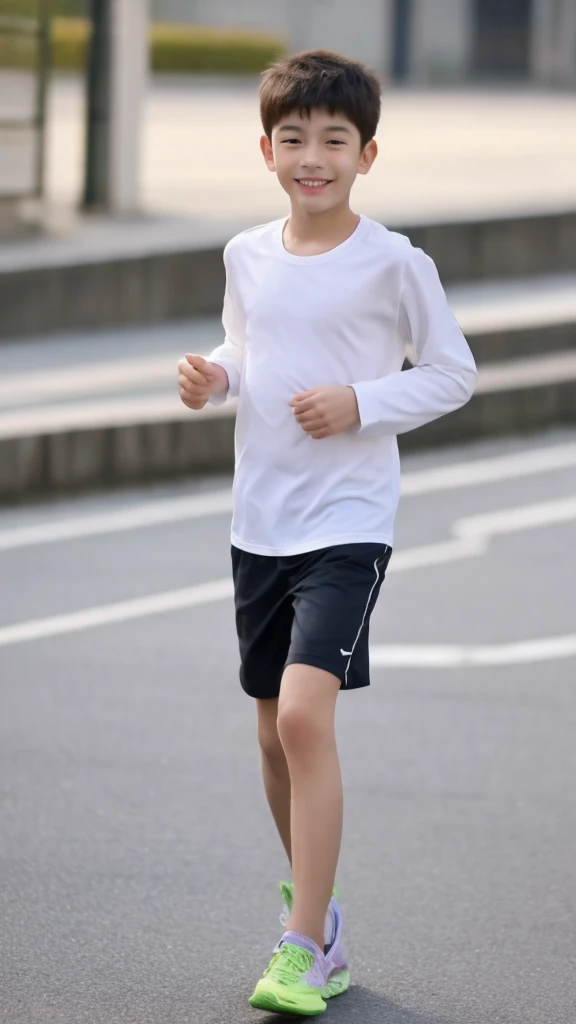 ,Smile，Spread your white and slender legs，jogging，full body，8K五官精致，Handsome boyish feeling，8K