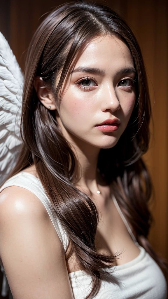 Realistic woman like in the photo, Woman brown eyes, Brown Hair, ultrahd, Surrealism style, Angel, Detailed face