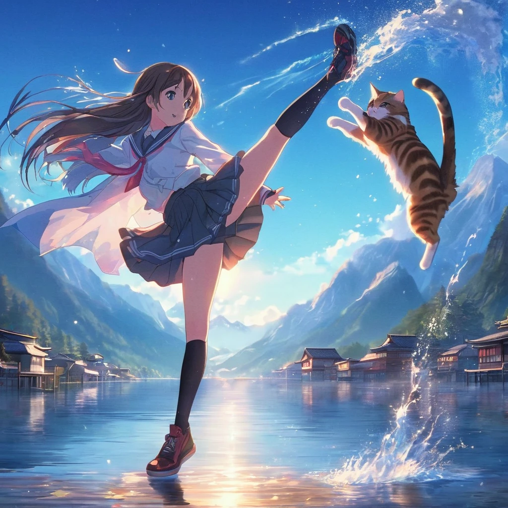 anime girl kicking a cat in the water with a mountain backdrop, anime style 4k yen, anime girl walking on water, anime cat, Makoto Shinkai Cyril Rolland, anime! 4k yen, anime! 4K, anime style. 8K, anime art wallpaper 4K, anime art wallpaper 4k yen, anime art wallpaper 8 k, 4K anime wallpaper