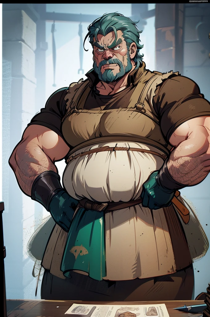 a cartoon image of a man with a knife in his hand, big Metzger man posing scarily, Ogre chef in an apron, Illustration concept art, extremely realistic concept art, realistic character concept art, He has big knives on his belt, Concept art illustration, Concept art by Greg Rutkowski, extremely detailed concept art, Metzger, professional concept art, senior concept artist
