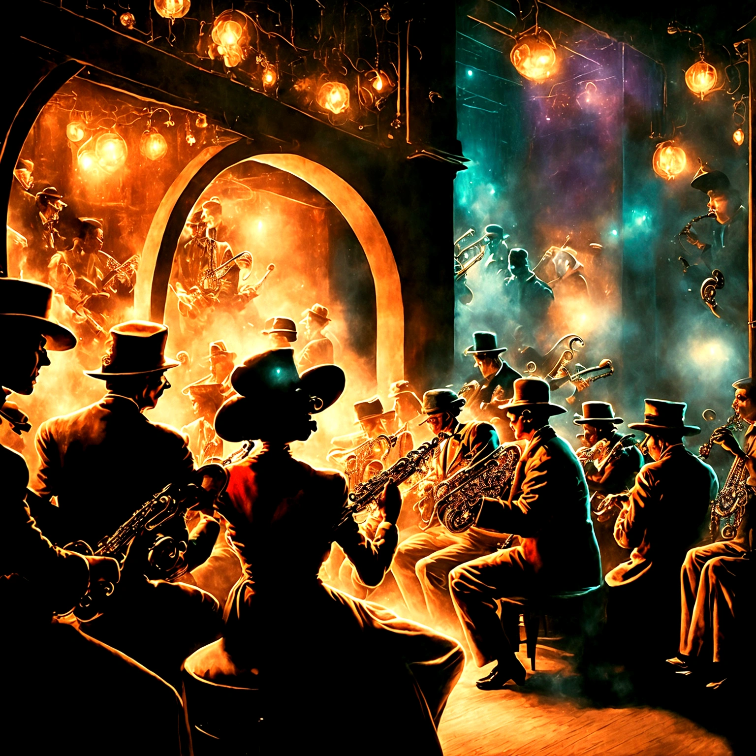 people sitting  in a smoky 1930's jazz bar, human's playing instruments on stage, bright christmas lights, people dancing