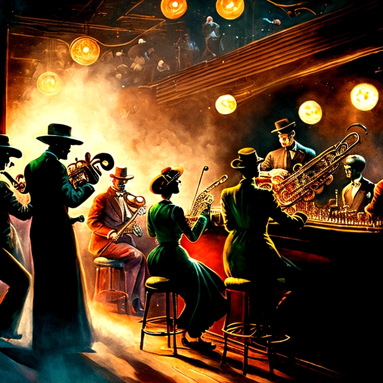 people sitting in a smoky 1930's jazz bar, human's playing instruments on stage, bright christmas lights, people dancing