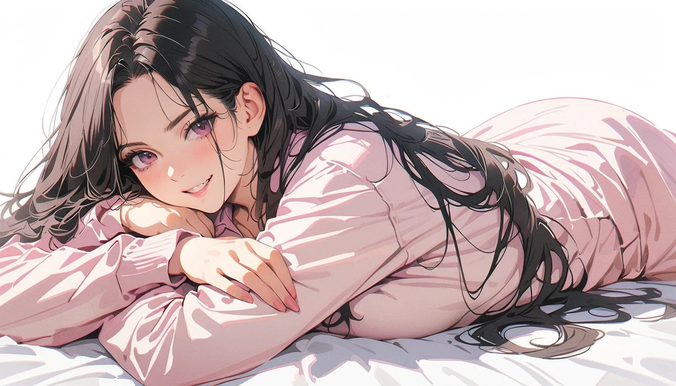 20 years old,1 mature woman,hyperrealistic, 8k, (extremely detailed 8k), (very delicate and beautiful), (masterpiece), (better quality:1.0), (ultra high resolution:1.0), (masterpiece, best quality),cute,black hair,long hair,full body,white background,realistic skin,pajamas,lie on own side,evil grin