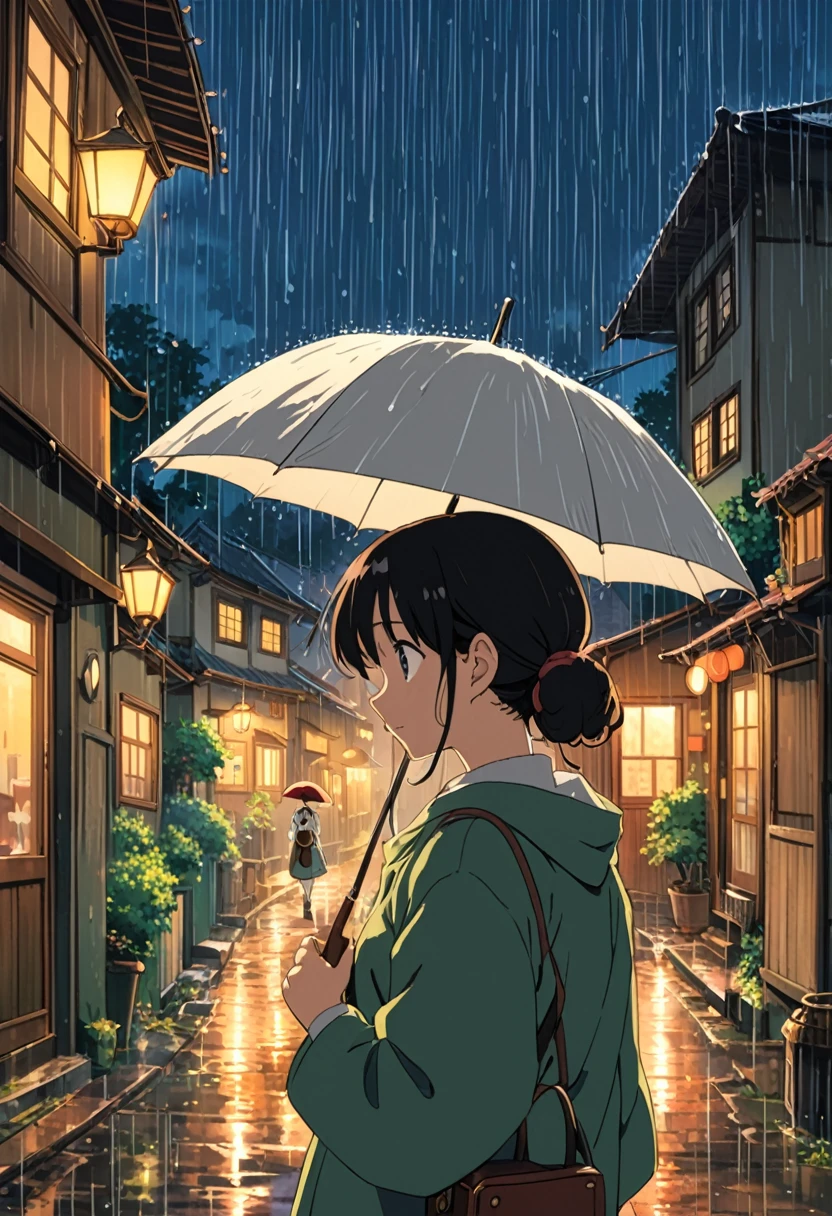 Studio Ghibli-style anime movies, Movie stills, Highest quality, masterpiece, Representative works, Official Art, Professional, Super intricate details, 8K, rain,I can see the back of a girl holding an umbrella.