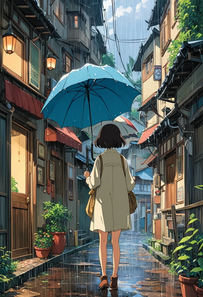 Studio Ghibli-style anime movies, Movie stills, Highest quality, masterpiece, Representative works, Official Art, Professional, Super intricate details, 8K, rain,I can see the back of a girl holding an umbrella.