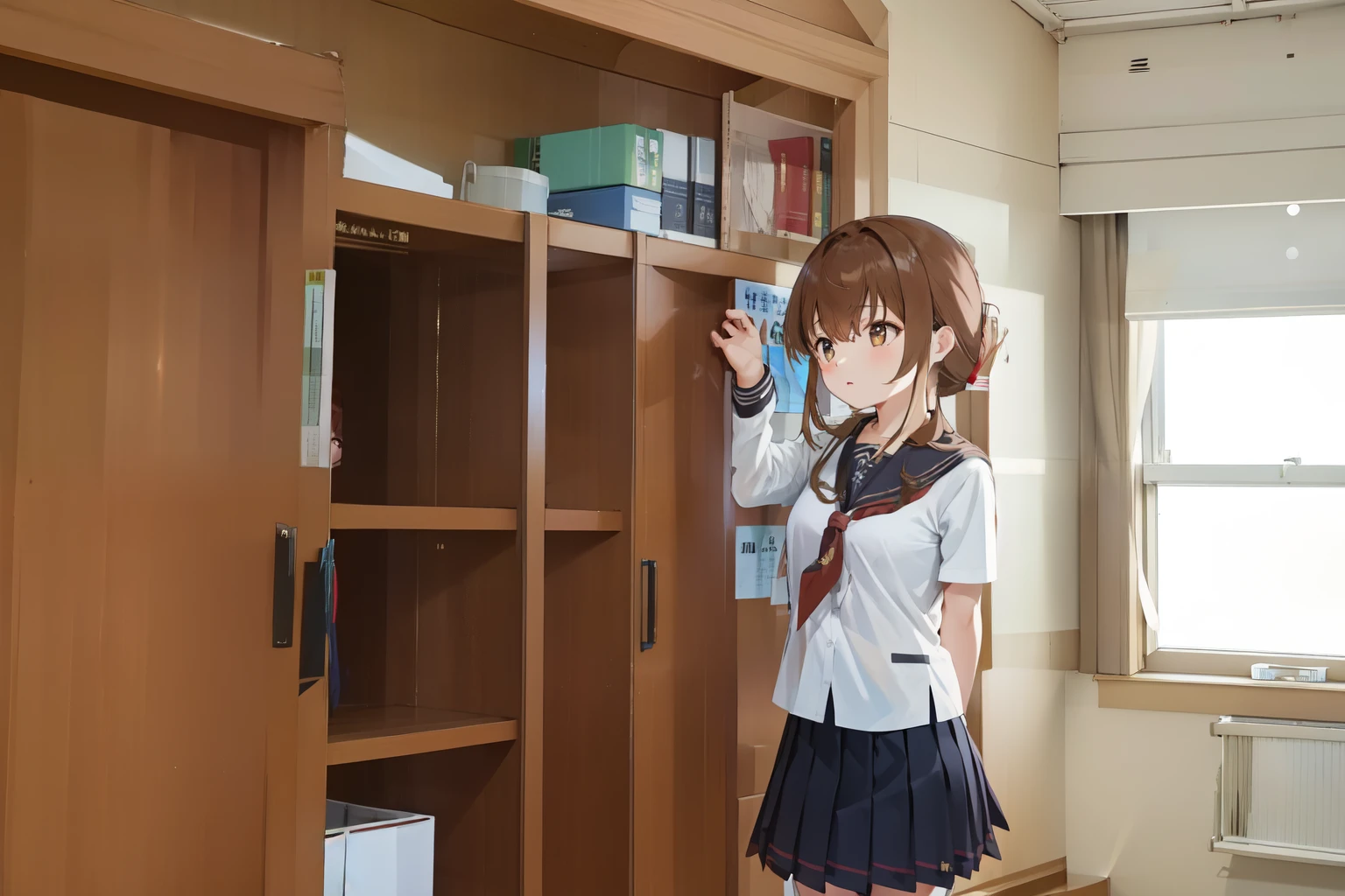 (masterpiece, best quality:1.2),illustration,8k,hd,1girl,solo,upper body,(portrait:1.2),brown_hair,folded_ponytail,brown_eyes,serafuku,long_hair,school_uniform,skirt,pleated_skirt,