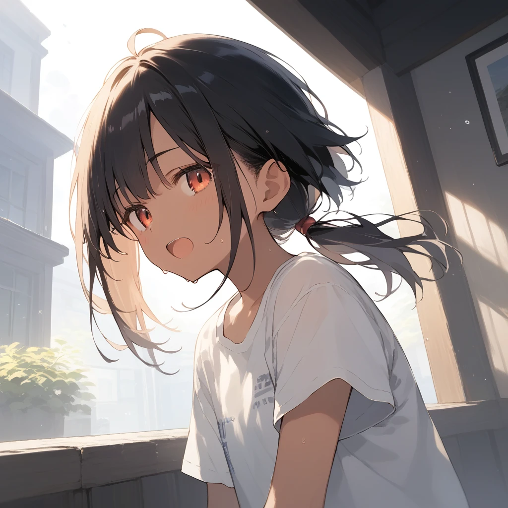 score_9, score_8_up, score_7_up, source_anime, best quality, masterpiece, official art, absurdres, highres, ultra-detailed,waifu2x,Collection: Slice of Life,break,1girl, tomboy, dark-skinned female, short hair, low ponytail, flat chest, beautiful detailed eyes, short shorts, sweat, open mouth, (yawn:0.3), sleepily, outdoors, wind,break,(clear line illustration:1.2), super detailed skin,very high resolution, very aesthetic, Best sexual lighting powered by famous artist, 8k,cute picture,beauty illustration,photoshop_(medium),,(Detailed Lighting),best anime 8k konachan wallpaper, pixiv contest winner,