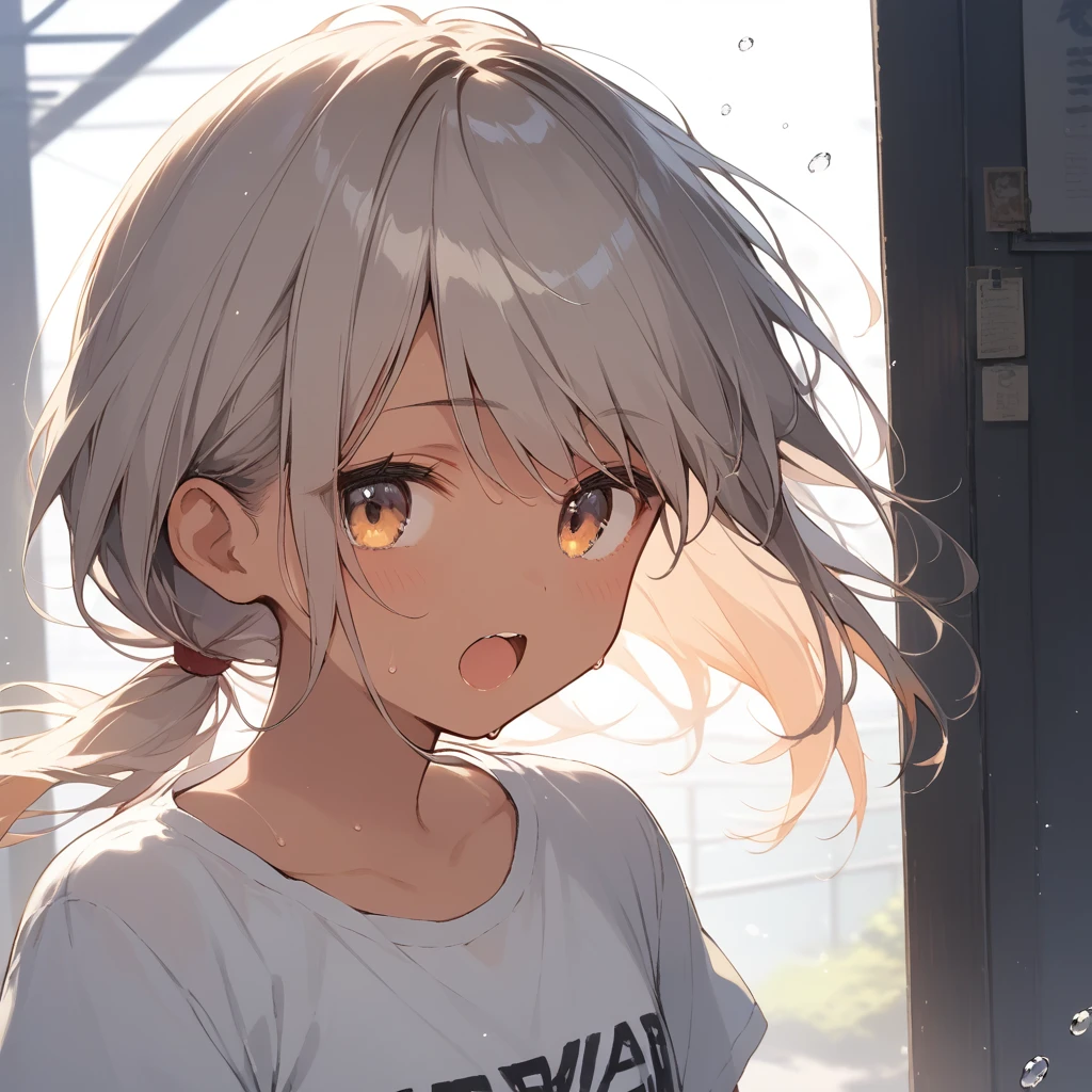 score_9, score_8_up, score_7_up, source_anime, best quality, masterpiece, official art, absurdres, highres, ultra-detailed,waifu2x,Collection: Slice of Life,break,1girl, tomboy, dark-skinned female, short hair, low ponytail, flat chest, beautiful detailed eyes, short shorts, sweat, open mouth, (yawn:0.3), sleepily, outdoors, wind,break,(clear line illustration:1.2), super detailed skin,very high resolution, very aesthetic, Best sexual lighting powered by famous artist, 8k,cute picture,beauty illustration,photoshop_(medium),,(Detailed Lighting),best anime 8k konachan wallpaper, pixiv contest winner,