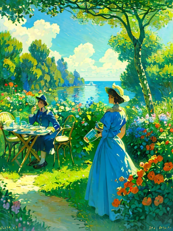 Beautiful oil painting of the Canary Islands in the style of Claude Monet、(soft drink with orange, mint leaves, and bubbles. yellow disappears and turns blue. cool. There are also colored straws, ice cube, placed on green leaves, outdoors, clear blue sky, beautiful clouds、outdoors, clear blue sky, beautiful clouds