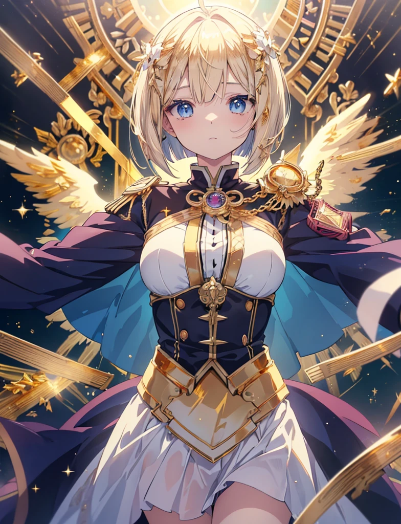 Angel with wings、 (Small body)(eyelash:1.3), (eye shadow:1.3),Lolita blonde  fights 、Absurd, goldの髪, Beautiful blue eyes,(Short Bob:1.5),高resolution, (Anime Style:1.4), ((Highest quality)), (Super detailedしい), nature(Large Breasts:1.3)Blue Eyes,Magic気合いを創り出す、Original Costume、Magic 、reveal,Mastepiece,battlefield（1.5）、She is wearing a blue uniform.、燃えるgoldの髪　Accurate needle(Sun and Light. Cinematic.ighting)(Spectacular image quality)With bright light particles(Many effects in the background) Beautiful and fine details, Glowing Skin, resolution, (Anime Style:1.4)High Contrast, ((Mastepiece, Highest quality)) (gold: 1.9),goldファイアブレイクプロダクションアート (Warm light source: 1.2),Intricate details, Volumetric Lighting, Realism Break (Mastepiece: 1.2) Super detailed (Dynamic Configuration: 1.4), Extremely detailed and colorful, (Brilliant lighting,Golden lighting), dream-like, Magic, (alone: 1.5)　Perfect Fingers　Pull your elbows back and get into position　Clench your fist
