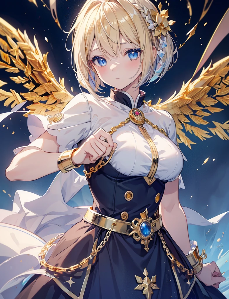 Angel with wings、 (Small body)(eyelash:1.3), (eye shadow:1.3),Lolita blonde  fights 、Absurd, goldの髪, Beautiful blue eyes,(Short Bob:1.5),高resolution, (Anime Style:1.4), ((Highest quality)), (Super detailedしい), nature(Large Breasts:1.3)Blue Eyes,Magic気合いを創り出す、Original Costume、Magic 、reveal,Mastepiece,battlefield（1.5）、She is wearing a blue uniform.、燃えるgoldの髪　Accurate needle(Sun and Light. Cinematic.ighting)(Spectacular image quality)With bright light particles(Many effects in the background) Beautiful and fine details, Glowing Skin, resolution, (Anime Style:1.4)High Contrast, ((Mastepiece, Highest quality)) (gold: 1.9),goldファイアブレイクプロダクションアート (Warm light source: 1.2),Intricate details, Volumetric Lighting, Realism Break (Mastepiece: 1.2) Super detailed (Dynamic Configuration: 1.4), Extremely detailed and colorful, (Brilliant lighting,Golden lighting), dream-like, Magic, (alone: 1.5)　Perfect Fingers　Pull your elbows back and get into position　Clench your fist
