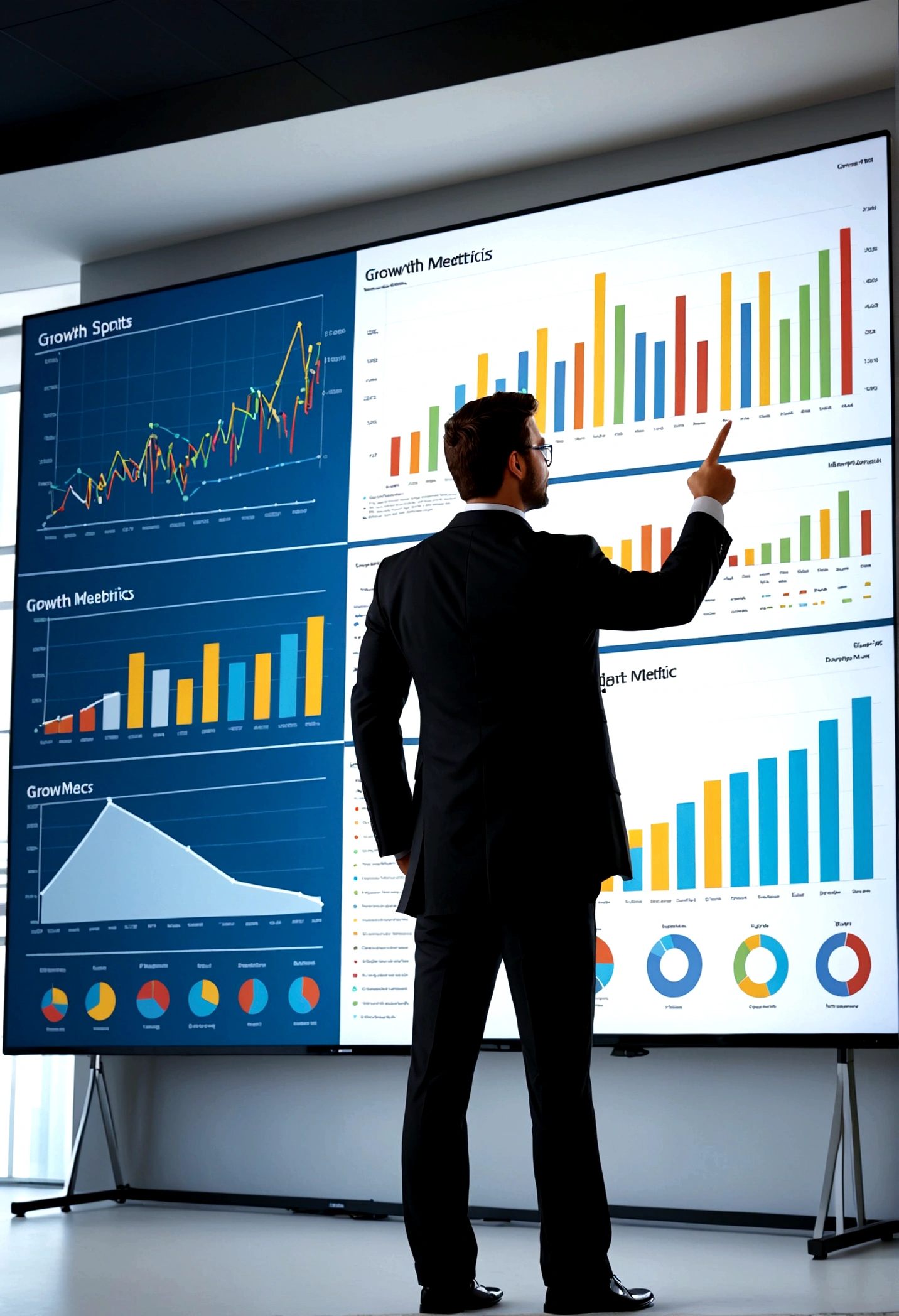 A business professional standing in front of a large screen displaying charts, graphs, and growth metrics, pointing at key data points.