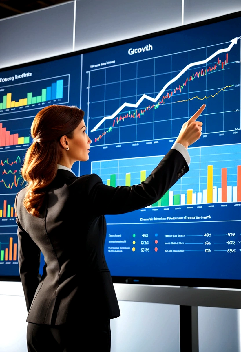 A business professional standing in front of a large screen displaying charts, graphs, and growth metrics, pointing at key data points.