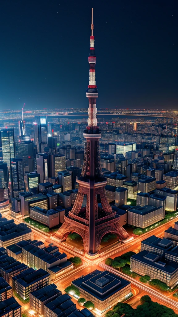 Night view from a helicopter Tokyo Tower Rain American car