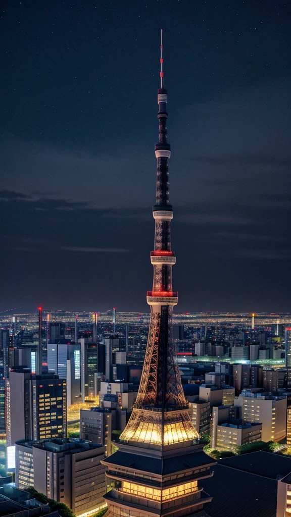 Night view from a helicopter Tokyo Tower Rain American car