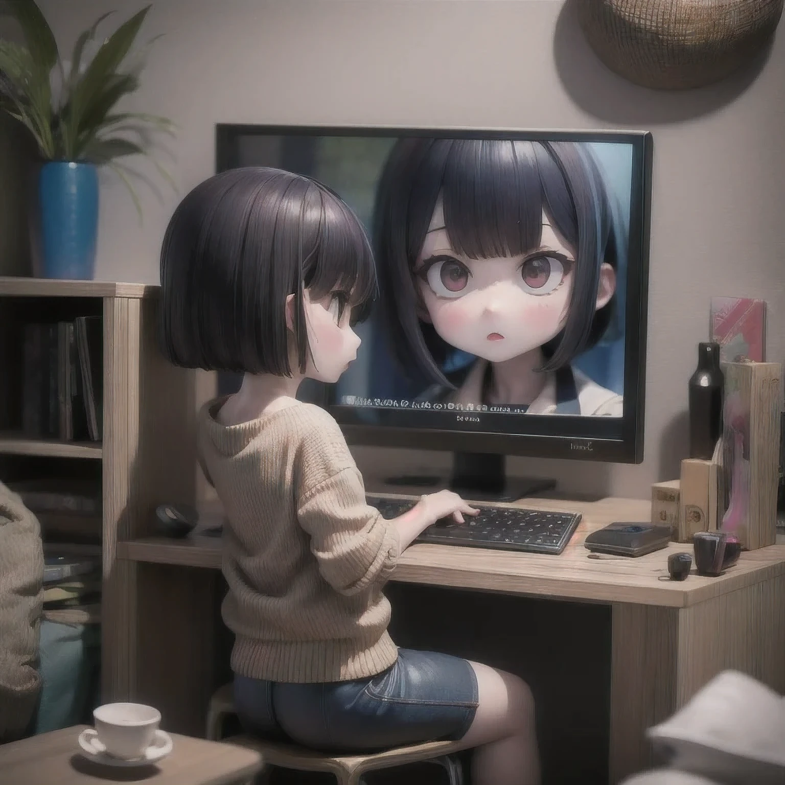 rafed  asian girl in a sweater looking at a computer screen, screenshot from a movie, the hime cut, still from a live action movie, lofi girl, highlight scene of the movie, still from a movie, still frame from a movie, lofi girl aesthetic, with short hair, still from the movie, lofi, scene from live action movie