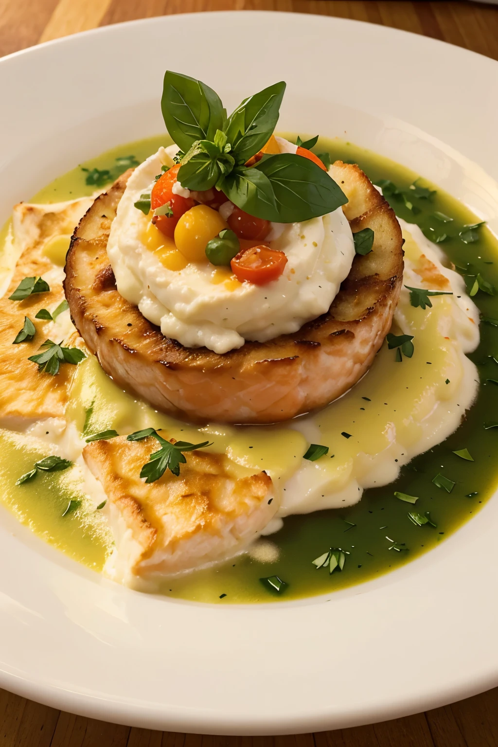 A haute cuisine dish, where the elements are, Potato stew foam with nickname, salmon cancato which has cream cheese, fake tomato caviar, chorizo chip, accompanied by blanched vegetables, coriander oil, basil powder and warm oenre