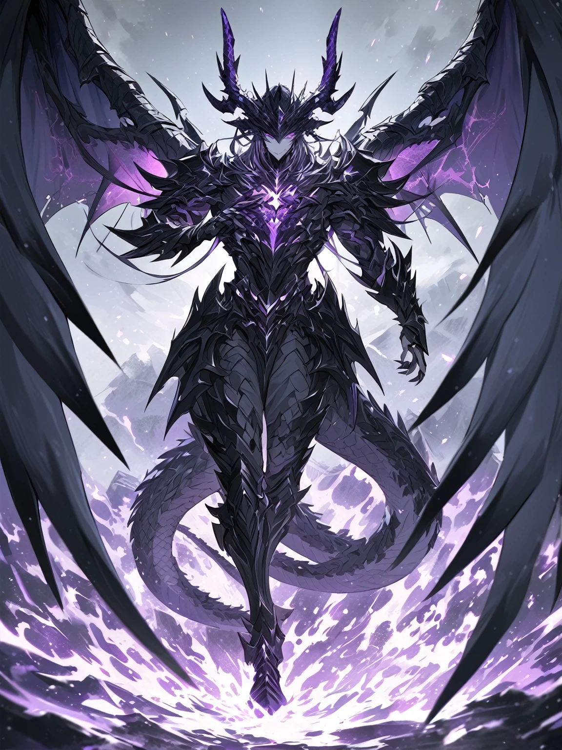 Masterpiece, Very detailed, ultra detailed, one, (1 man), man with a V-shaped body, Gray skin colour, dragon horns, two large dragon wings, full detailed dark obsidian armor with light purple details that seemed like a purple fire. Long black hair combed back, and reptile eyes that shine crimson-purple. In the style of manhwa "Omniscient Reader's Viewpoint"