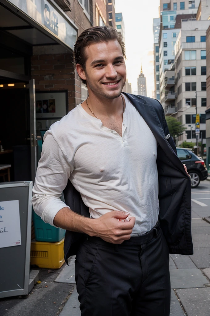 Generate me a realistic handsome goss businessman in portrait wearing pants, smile, There will be a apartment in the background