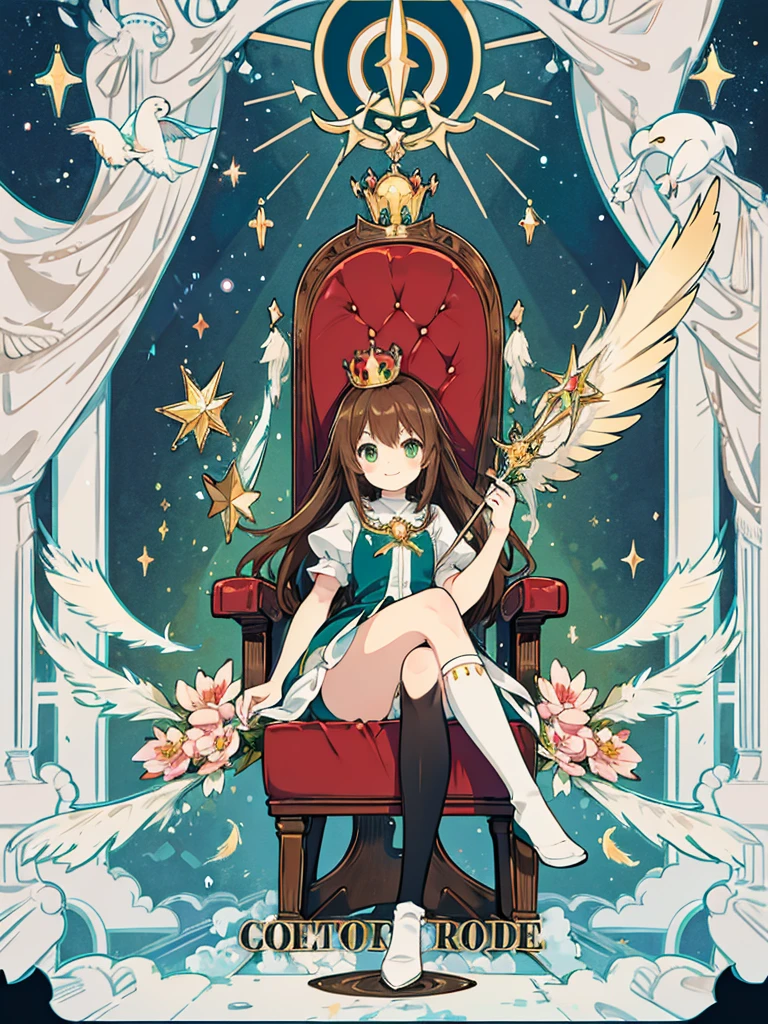 kawaii, anime, Cute, hyper quality, highly detailed, 16k, Front facing, Clarity, full body, smile, one girl and one bird, long brown hair, green eyes, alice's wonderland, throne, Fantastic, cross your legs, crown, crystal, brown bird familiar, magic effects, creepy smile, eagle wings on the back, night, chipped crescent moon, knee socks, accessories, brown bird, Feathers dance, crystal wand, brown bird, throne room, universe, stars are flowing,