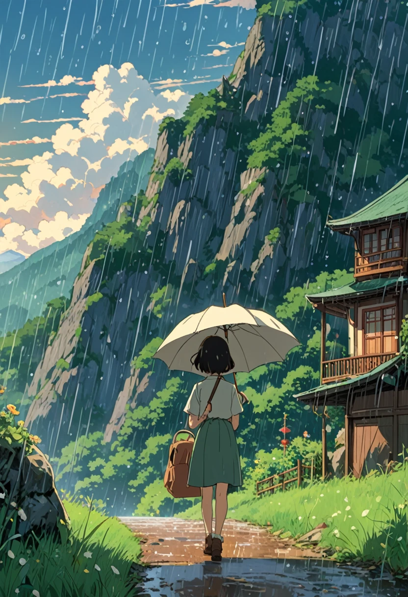 Studio Ghibli-style anime movies, Movie stills, Highest quality, masterpiece, Representative works, Official Art, Professional, Super intricate details, 8K, rain,I can see the back of a girl holding an umbrella.,Mountain